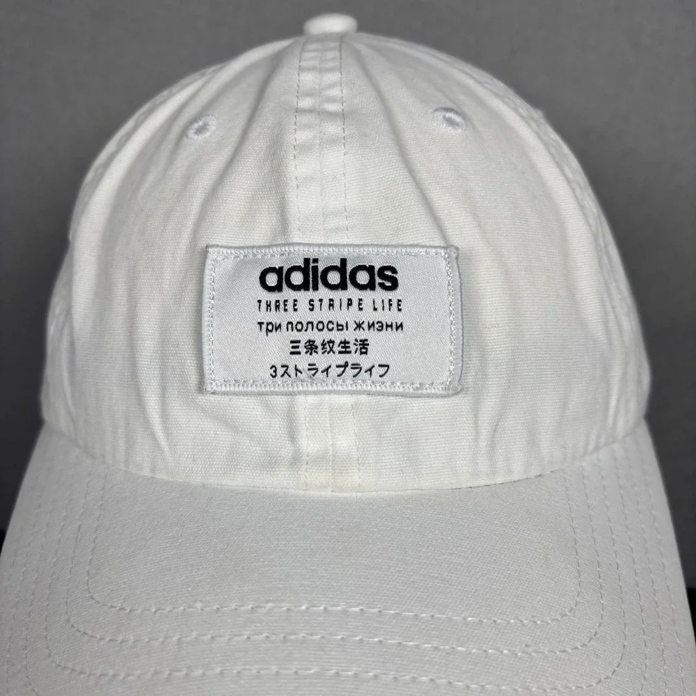 Adidas Three Stripe Life Hat Cap White Adjustable Strapback Multi Language Patch